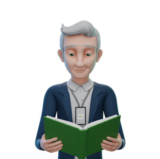 Homem de cabelo grisalho vestindo terno azul lendo um livro verde.