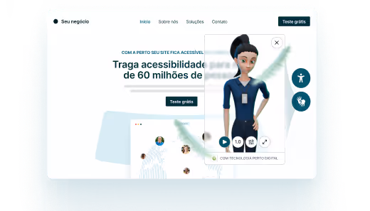 Interface de site web exibindo uma personagem animada e opções de acessibilidade digital ao lado de texto que promove acessibilidade para 60 milhões de pessoas.
