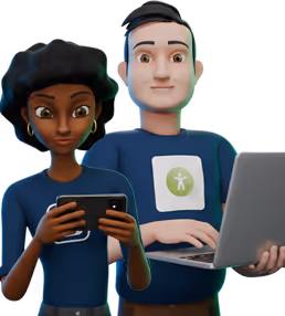 Ilustração de dois personagens usando tecnologia, uma mulher negra segurando um tablet e um homem claro com um laptop.