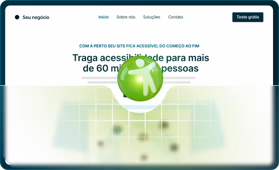 Interface de site web com menu de navegação e botão 'Teste grátis', destacando texto sobre acessibilidade digital para mais de 60 milhões de pessoas com ícone verde de acessibilidade centralizado.