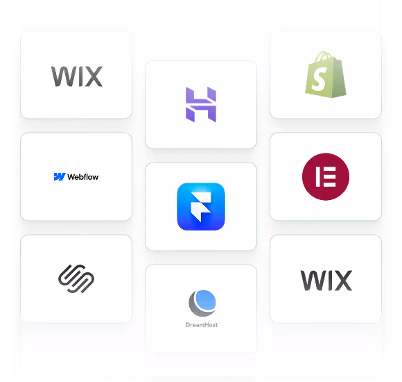 Conjunto de logos de plataformas de criação e hospedagem de sites: Wix (duas vezes), Shopify, Webflow, Elementor, Squarespace, DreamHost, e duas marcas não identificadas.