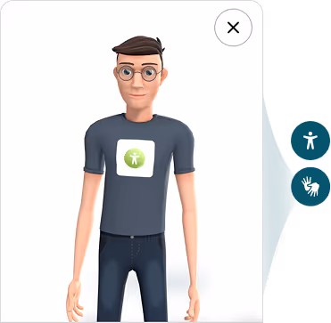 Ilustração 3D de um homem jovem de óculos e camiseta cinza com símbolo de acessibilidade branca e verde no centro, com ícones de acessibilidade ao lado direito.