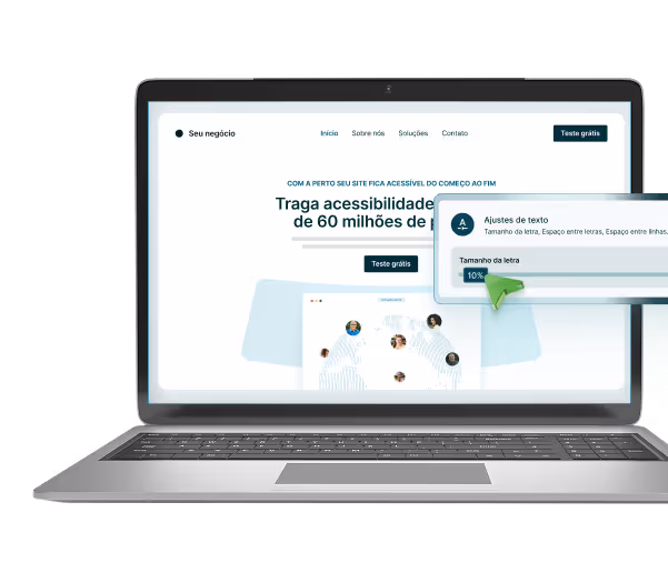 Tela de laptop mostrando site de acessibilidade com menu e botão 'Teste grátis', destacando ajuste de tamanho da letra em 10%.