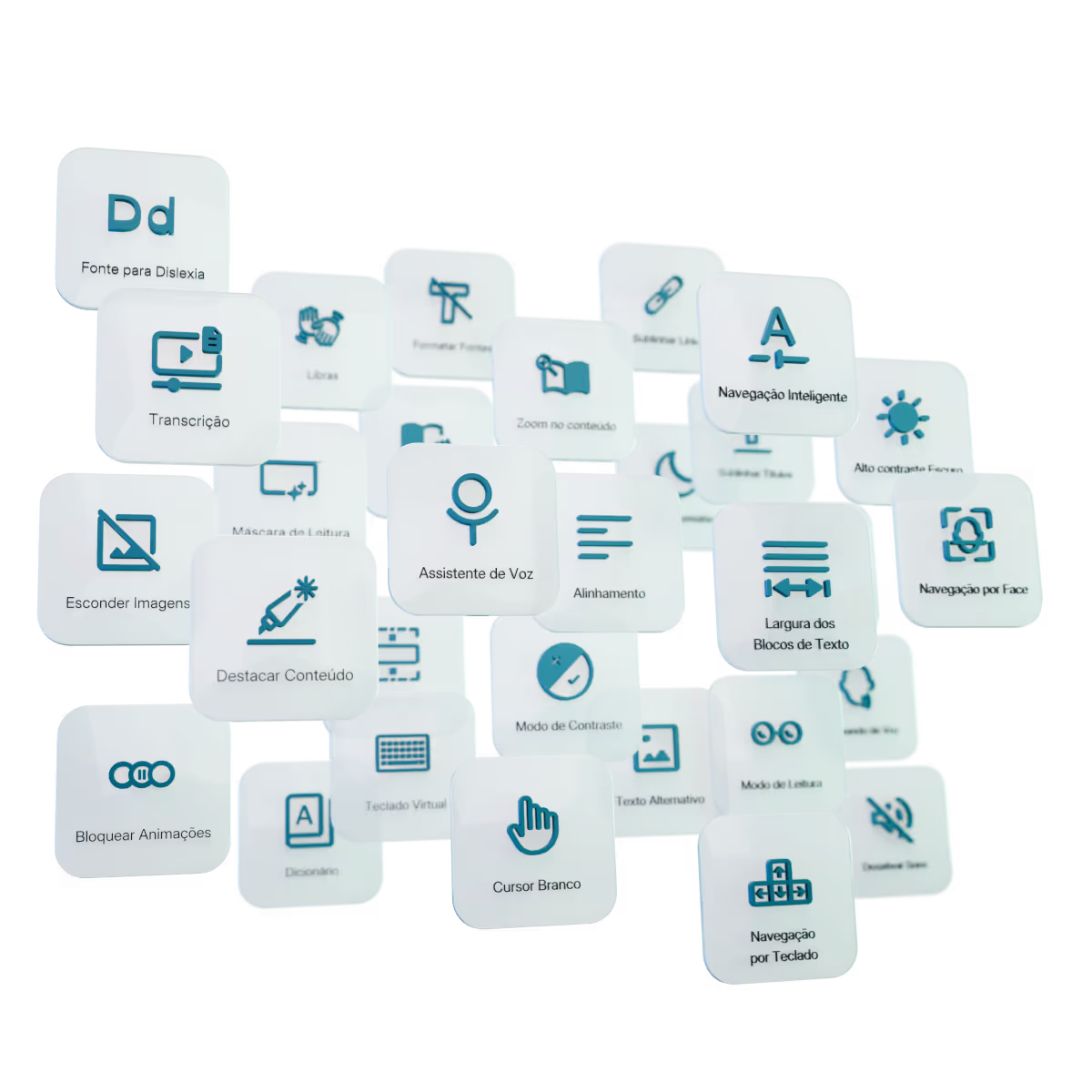 Ícones de funcionalidades de acessibilidade digital, incluindo leitura, navegação inteligente, assistente de voz, modo de contraste, cursor branco e destaque de conteúdo.