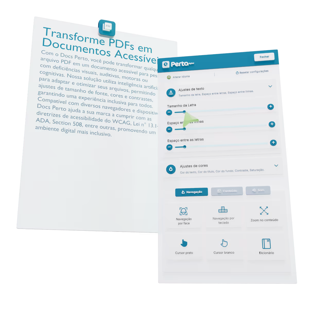 Interface do Docs Perto mostrando ajustes de acessibilidade para transformar PDFs em documentos acessíveis, com opções para alterar tamanho da letra, espaçamento e cores.