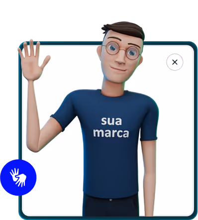 Ilustração 3D de um homem sorridente com óculos e camiseta azul escura com texto 'sua marca', acenando com a mão direita.