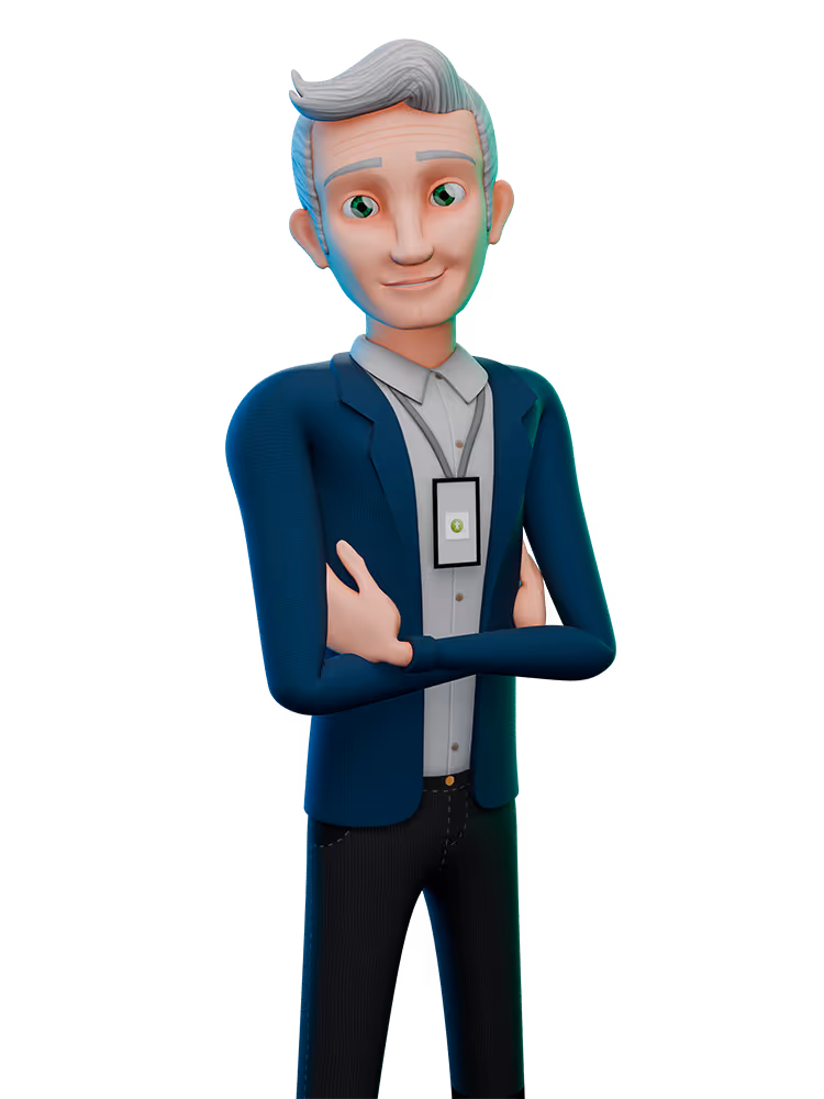 Ilustração 3D de homem adulto de cabelos grisalhos, veste blazer azul, camisa cinza e crachá, com braços cruzados e expressão amigável.