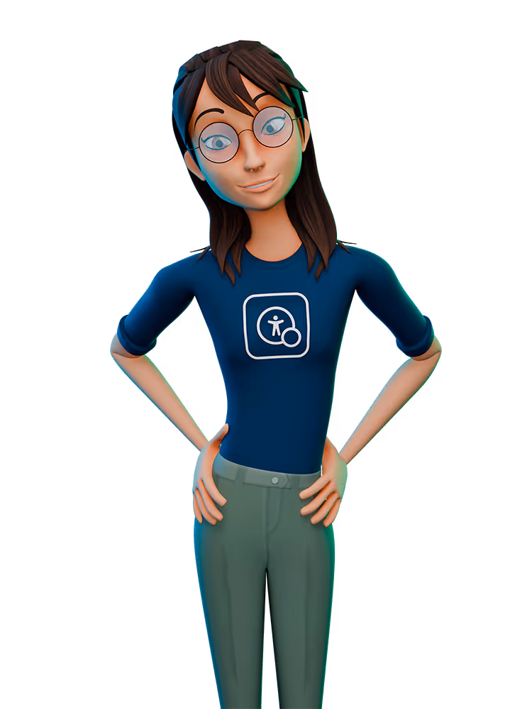 Personagem 3D com cabelo longo e óculos, vestindo uma camisa azul com ícone, em pose confiante.