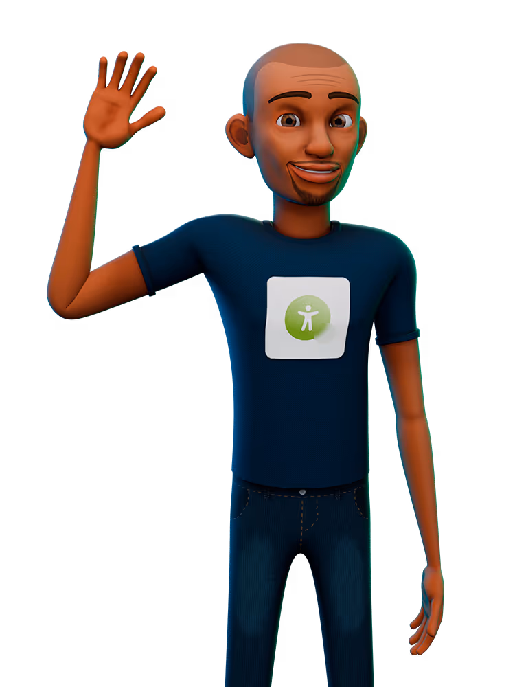 Personagem 3D sorrindo e acenando com a mão direita, vestindo camiseta azul com ícone de acessibilidade.