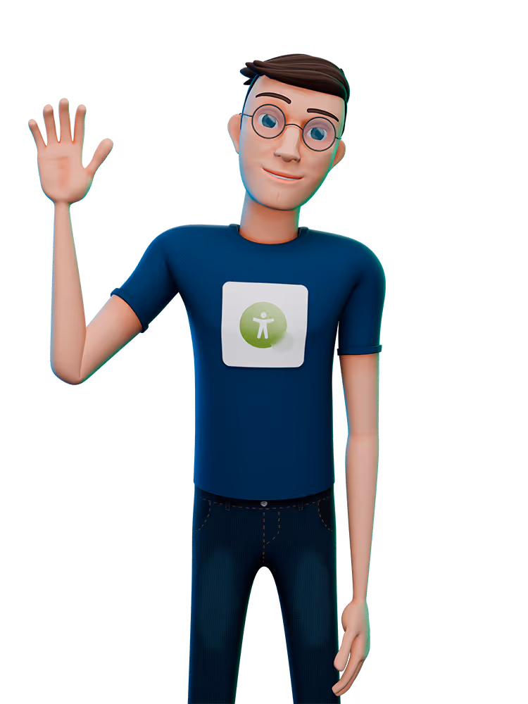Personagem animado usando óculos e camiseta azul com símbolo de acessibilidade, acenando com a mão direita.