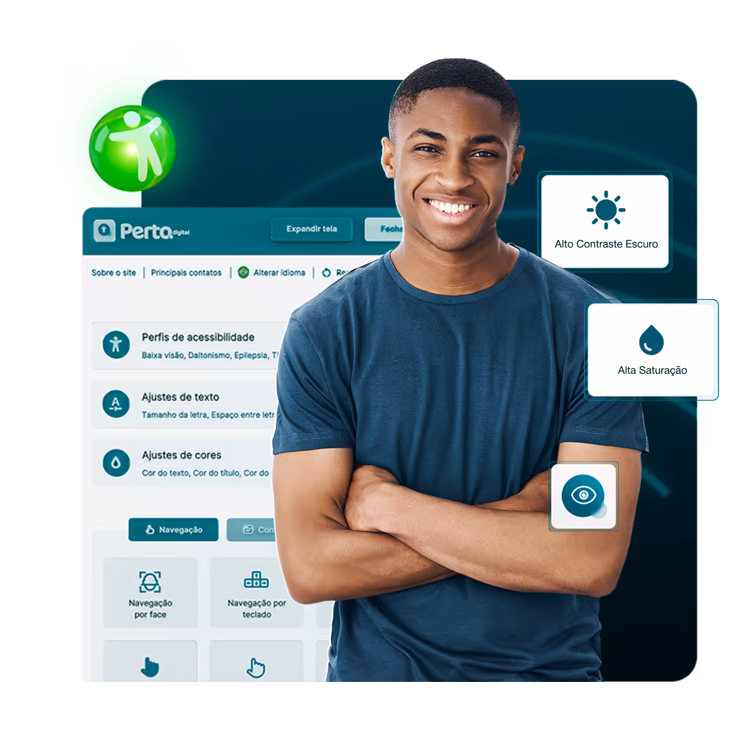 Jovem homem negro sorrindo com os braços cruzados. Ao fundo, a interface destaca ícones de recursos visuais: Alto Contraste Escuro e Alta Saturação.