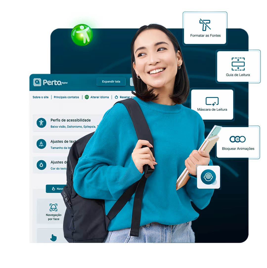 Jovem mulher sorrindo e segurando cadernos contra o peito. Ao fundo, interface do software Perta Digital exibe ícones dos recursos: Formatar as Fontes, Guia de Leitura, Máscara de Leitura e Bloquear Animações.