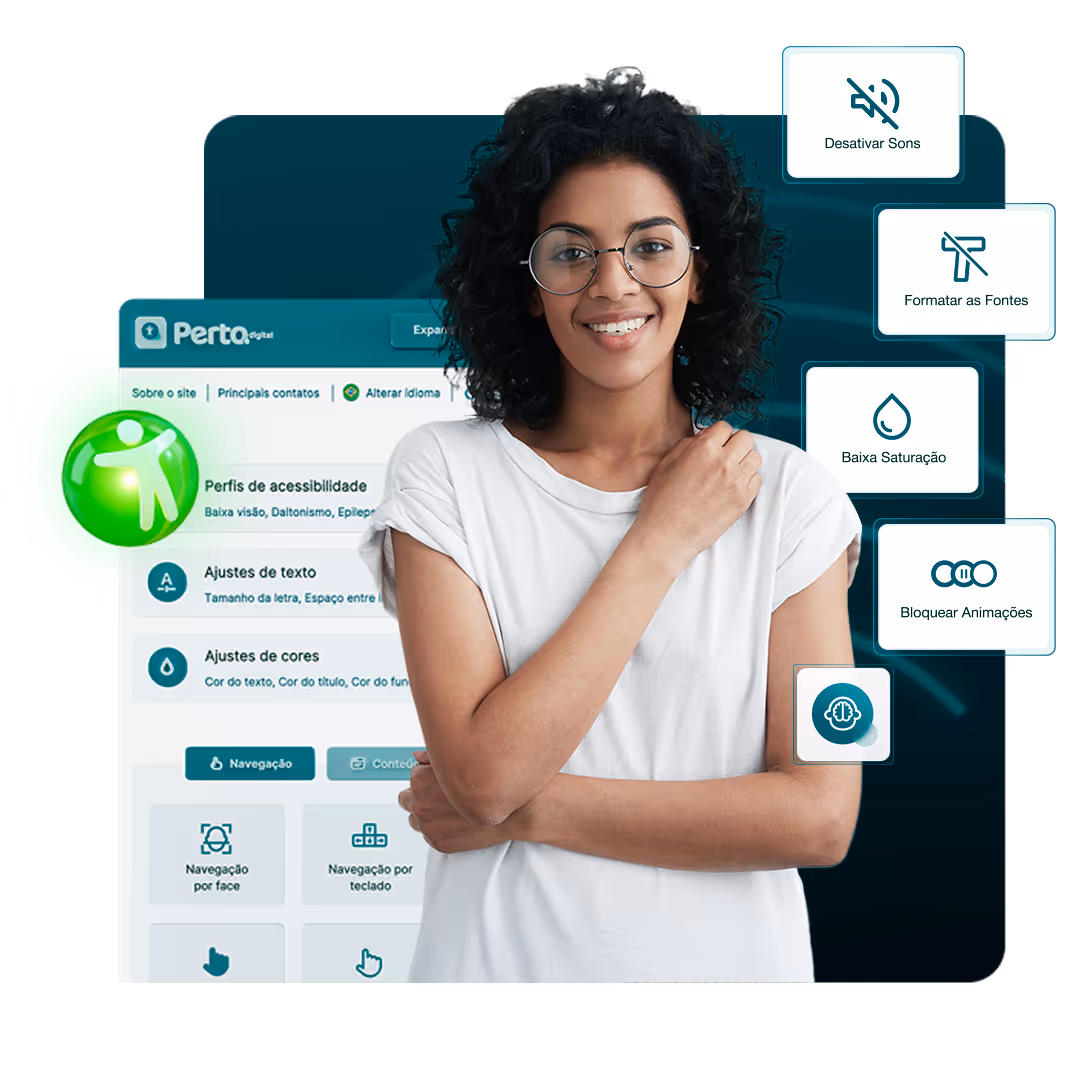 Jovem mulher negra usando óculos e sorrindo. Ao fundo, interface do Perta Digital exibe ícones de recursos preventivos: Desativar Sons, Formatar as Fontes, Baixa Saturação e Bloquear Animações.