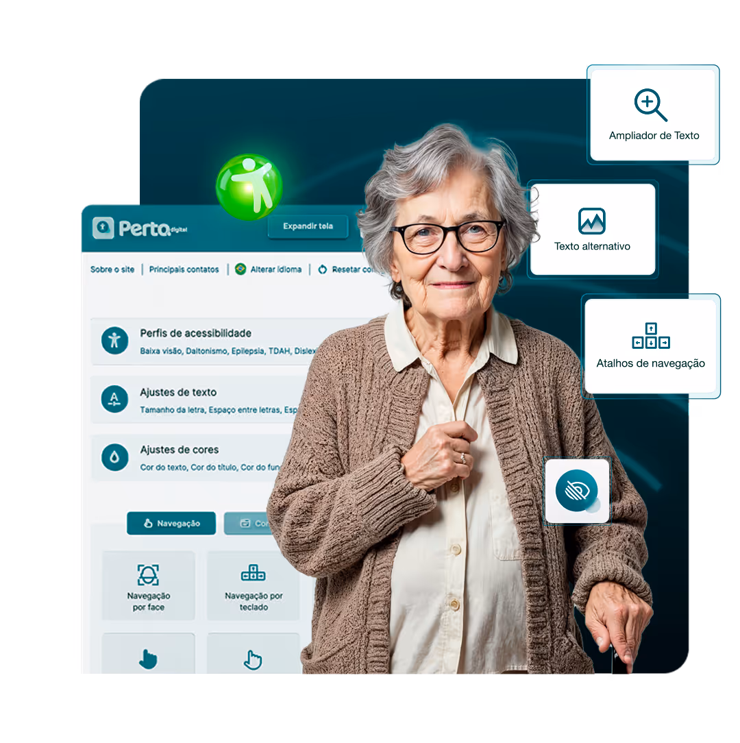 Senhora idosa usando óculos de grau e sorrindo, representando Baixa Visão. Ao fundo, interface destaca ícones dos recursos: Ampliador de Texto, Texto Alternativo e Atalhos de Navegação.