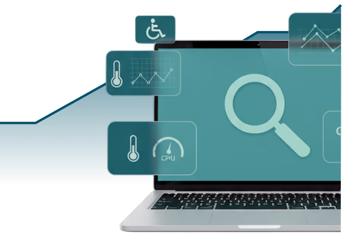 Computador portátil exibindo ícones flutuantes de acessibilidade, temperatura, gráficos e uso da CPU.
