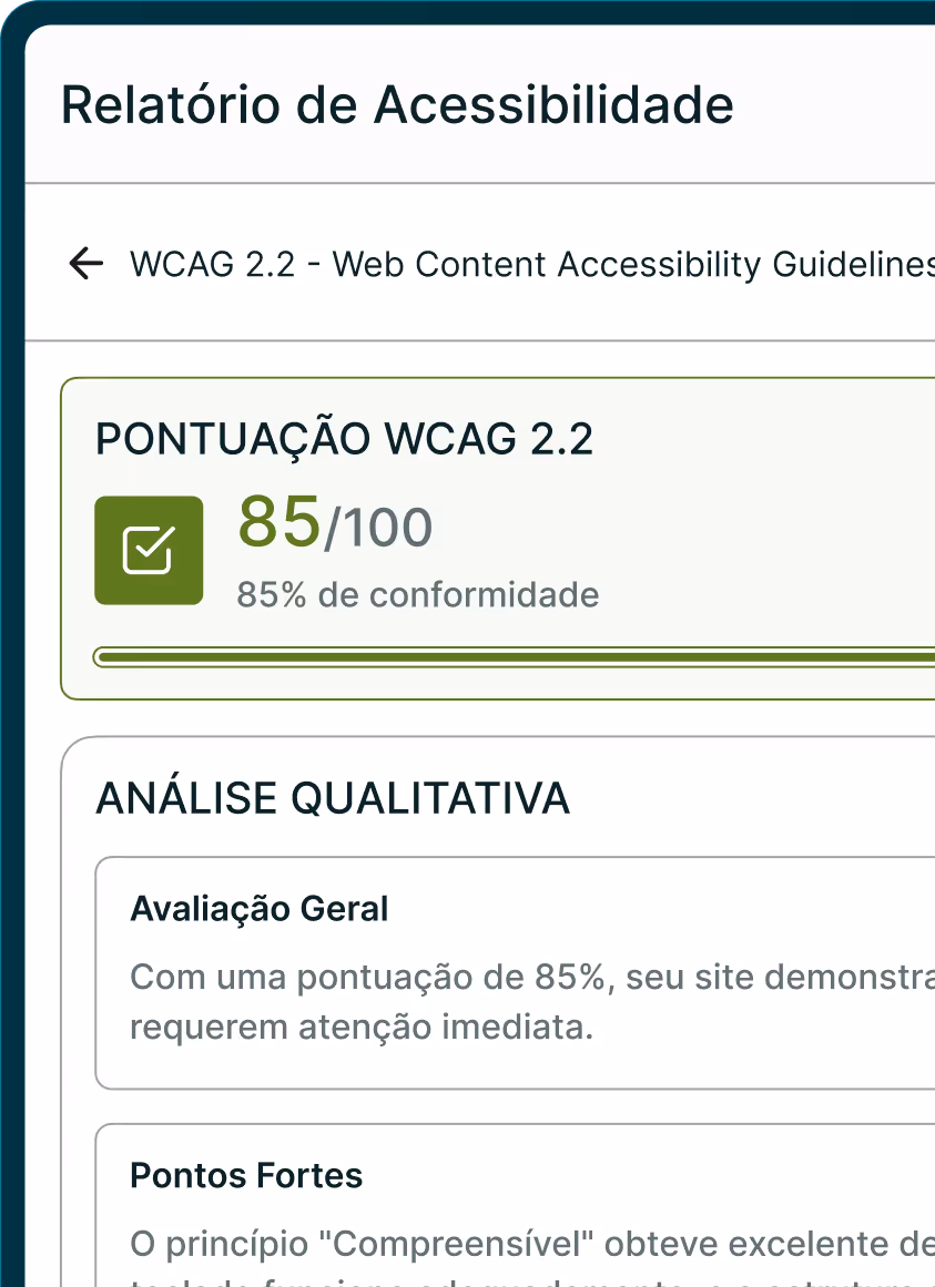 Relatório de Acessibilidade mostrando pontuação WCAG 2.2 de 85 em 100, com 85% de conformidade e análise qualitativa destacando avaliação geral e pontos fortes do site.