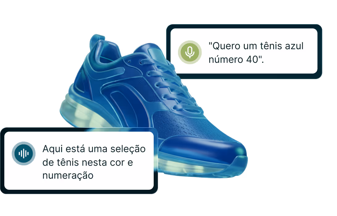 Tênis azul com sola transparente, acompanhado de balões de fala em português pedindo e mostrando seleção do tênis azul número 40.