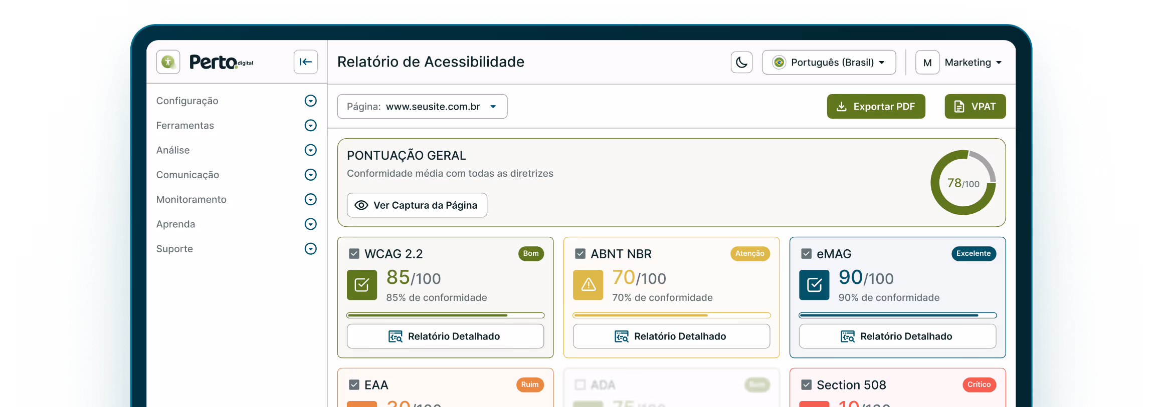 Tela de relatório de acessibilidade do site www.seusite.com.br mostrando pontuação geral 78 em 100 e detalhes de conformidade para WCAG 2.2, ABNT NBR, eMAG, EAA e Section 508.