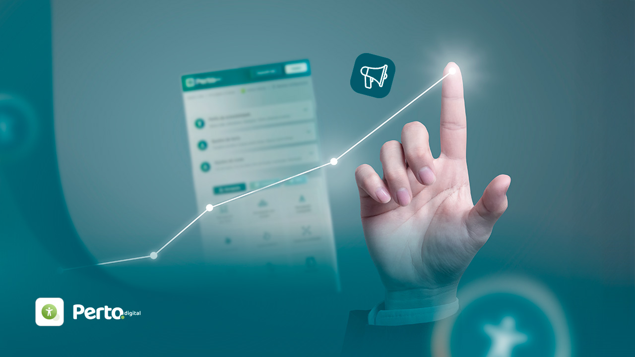 Mão apontando para um gráfico crescente em um fundo digital, representando progresso e conectividade. Logo da Perto Digital visível.