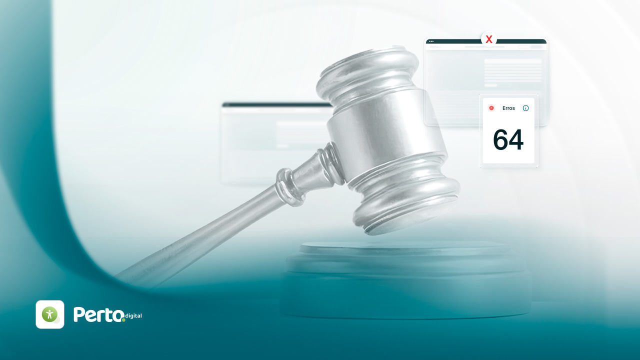 Imagem de um martelo de juiz, com números de erro em destaque, simbolizando desafios legais e digitais. Marca da Perto digital no canto esquerdo.
