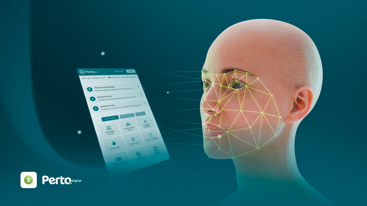 Imagem de um rosto digitalizado com malha 3D, ao lado de uma interface do Perto Digital mostrando opções de serviços.