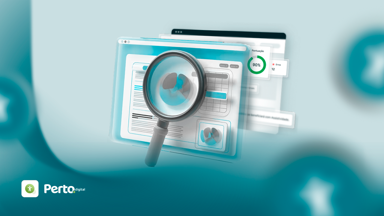 Imagem ilustrativa de uma tela de análise digital com uma lupa, destacando métricas e interações do usuário.