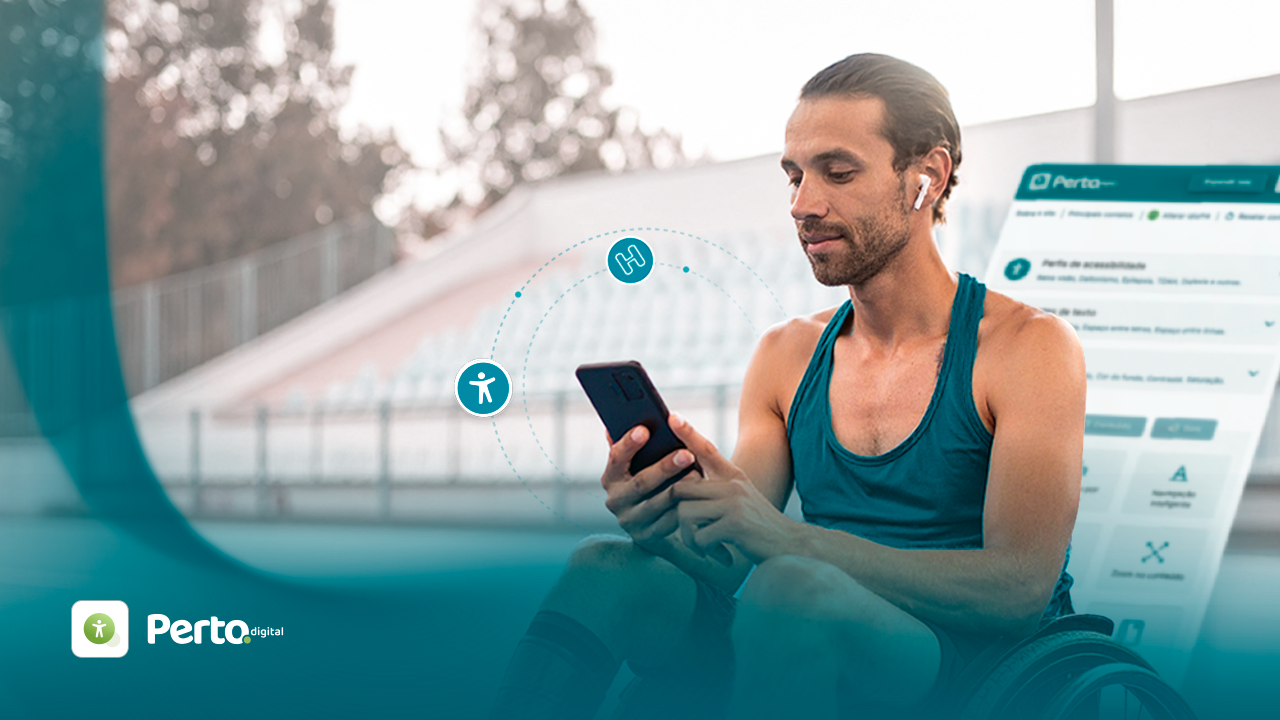 Homem em cadeira de rodas usando smartphone, com ícones que simbolizam acessibilidade, em ambiente esportivo.