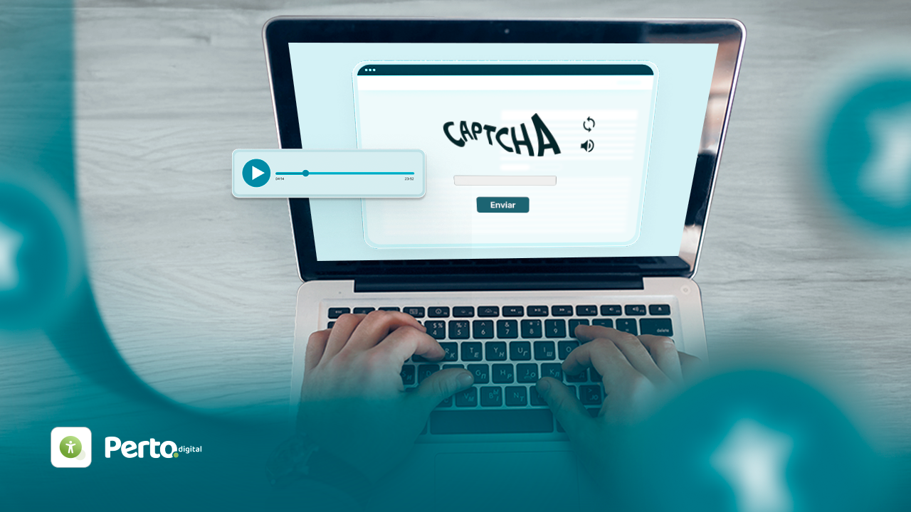 Pessoa digitando em um laptop com uma tela mostrando um formulário de CAPTCHA e controles de áudio.