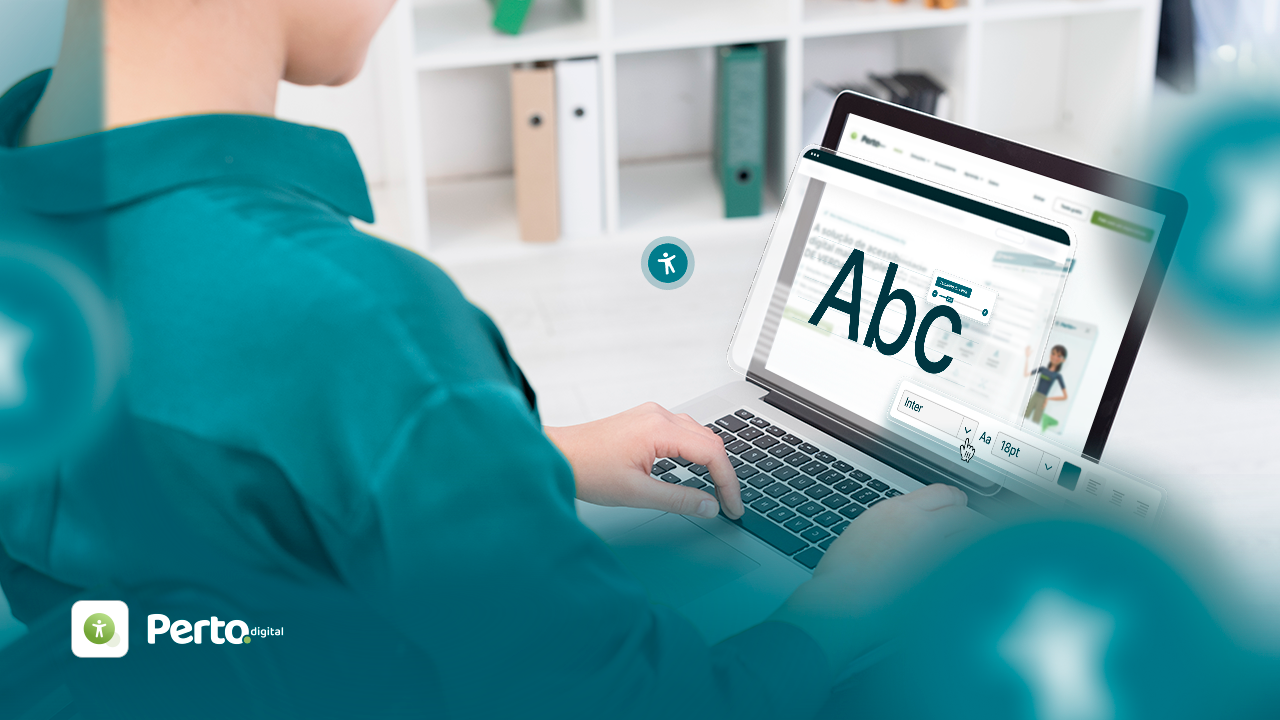 Pessoa usando um laptop, interagindo com uma interface digital que apresenta letras e opções de personalização.