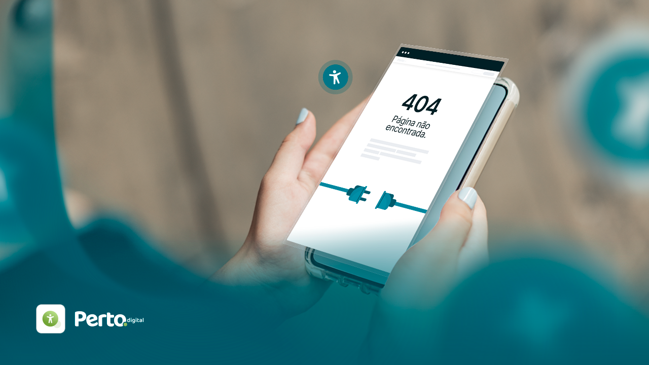 Página de erro 404 em smartphone, com a mensagem "Página não encontrada" e ícones relacionados à acessibilidade.
