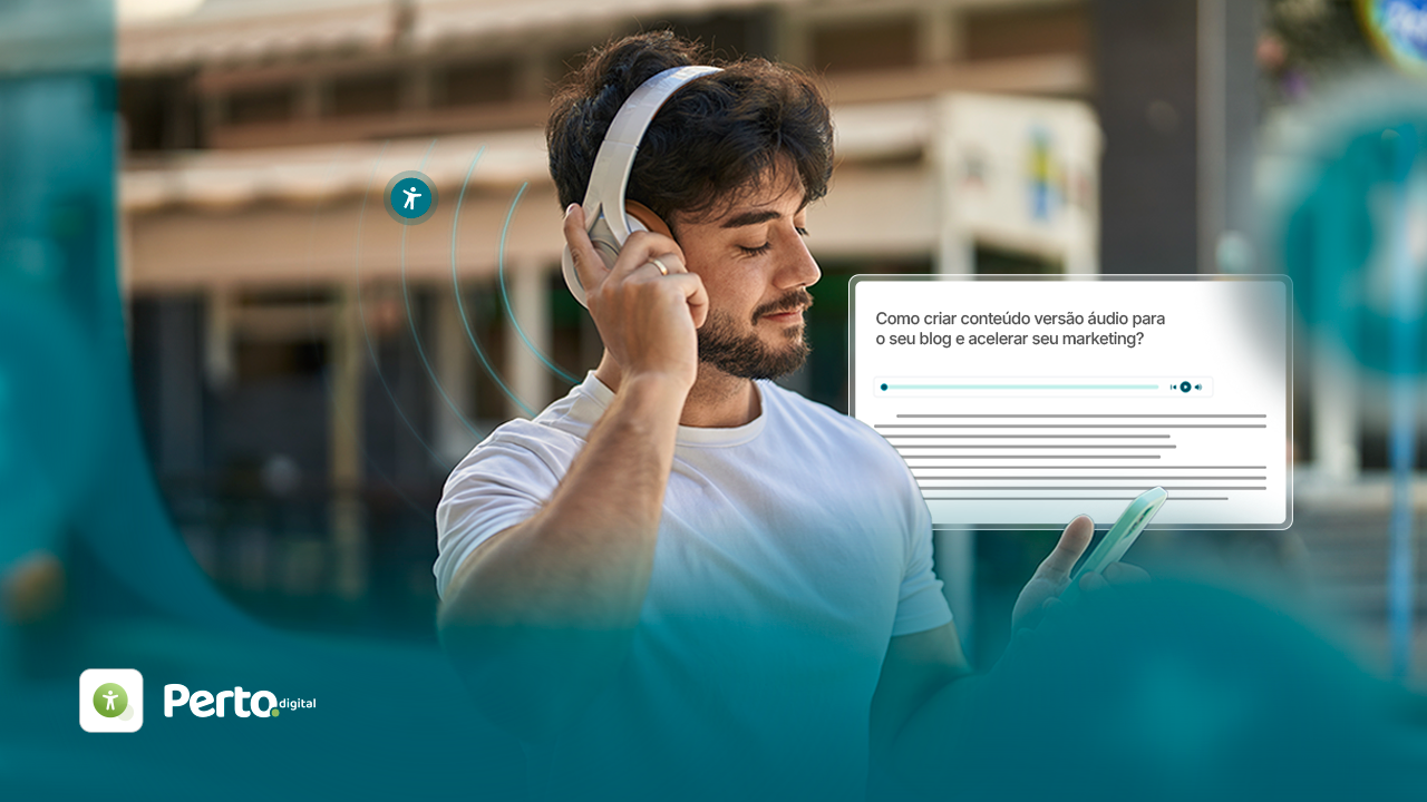Homem ouvindo música com fones de ouvido, segurando o celular. Texto sobre conteúdo em áudio para blogs e marketing.