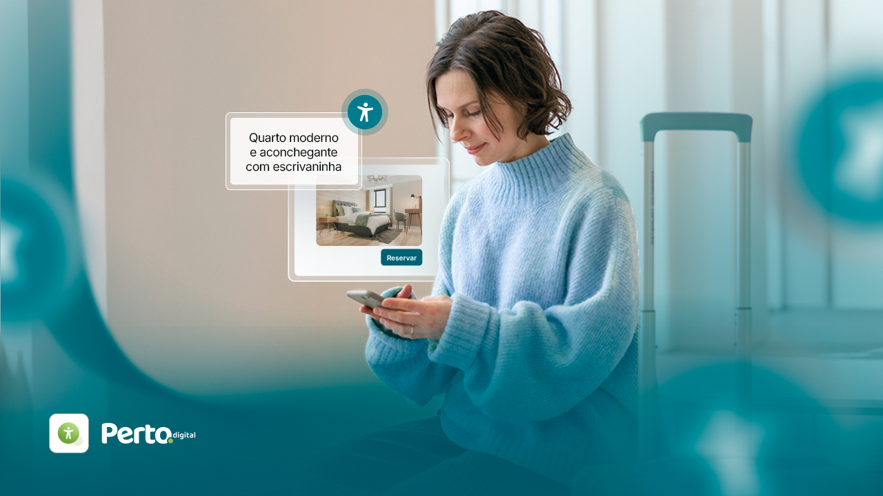 Mulher em um ambiente moderno, examinando opções de quarto aconchegante com escrivaninha pelo celular.