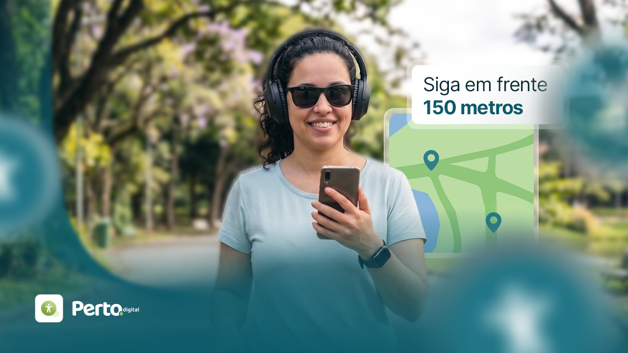 Mulher sorridente usando fones de ouvido, segurando um celular, com um mapa digital indicando "Siga em frente 150 metros".
