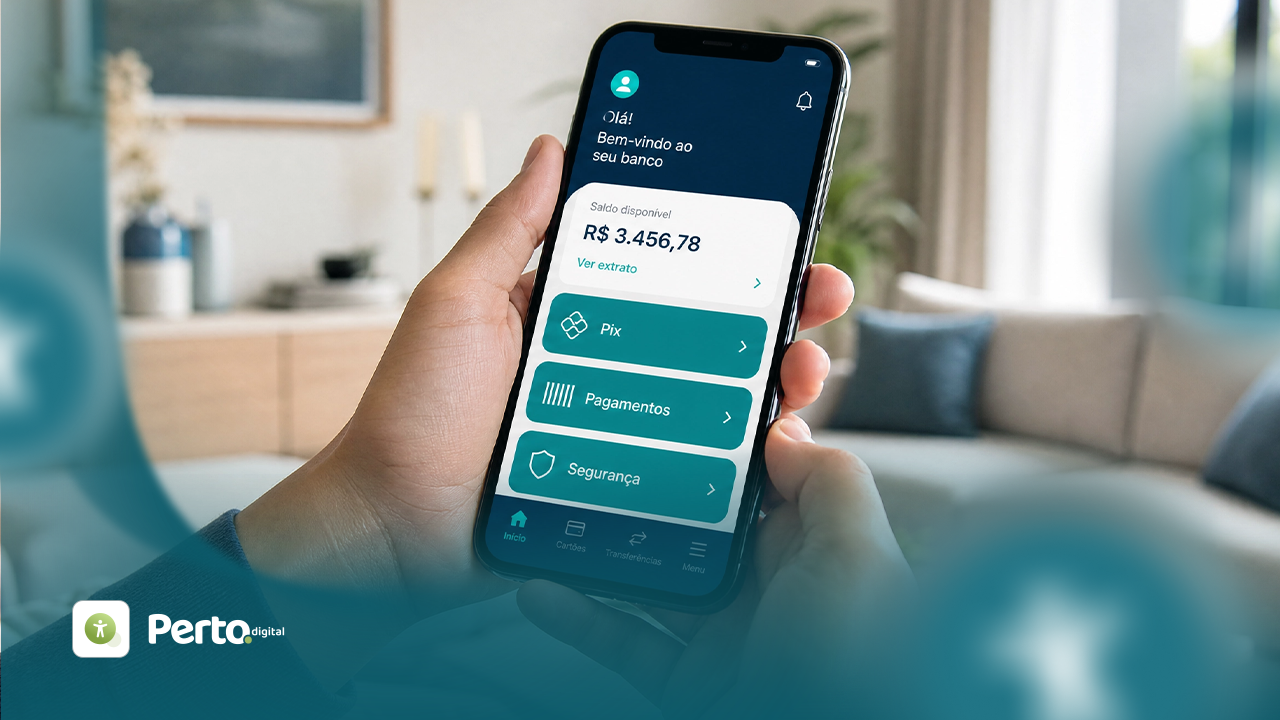 Um usuário acessa o aplicativo de banco digital Perto, mostrando saldo e opções de pagamento.