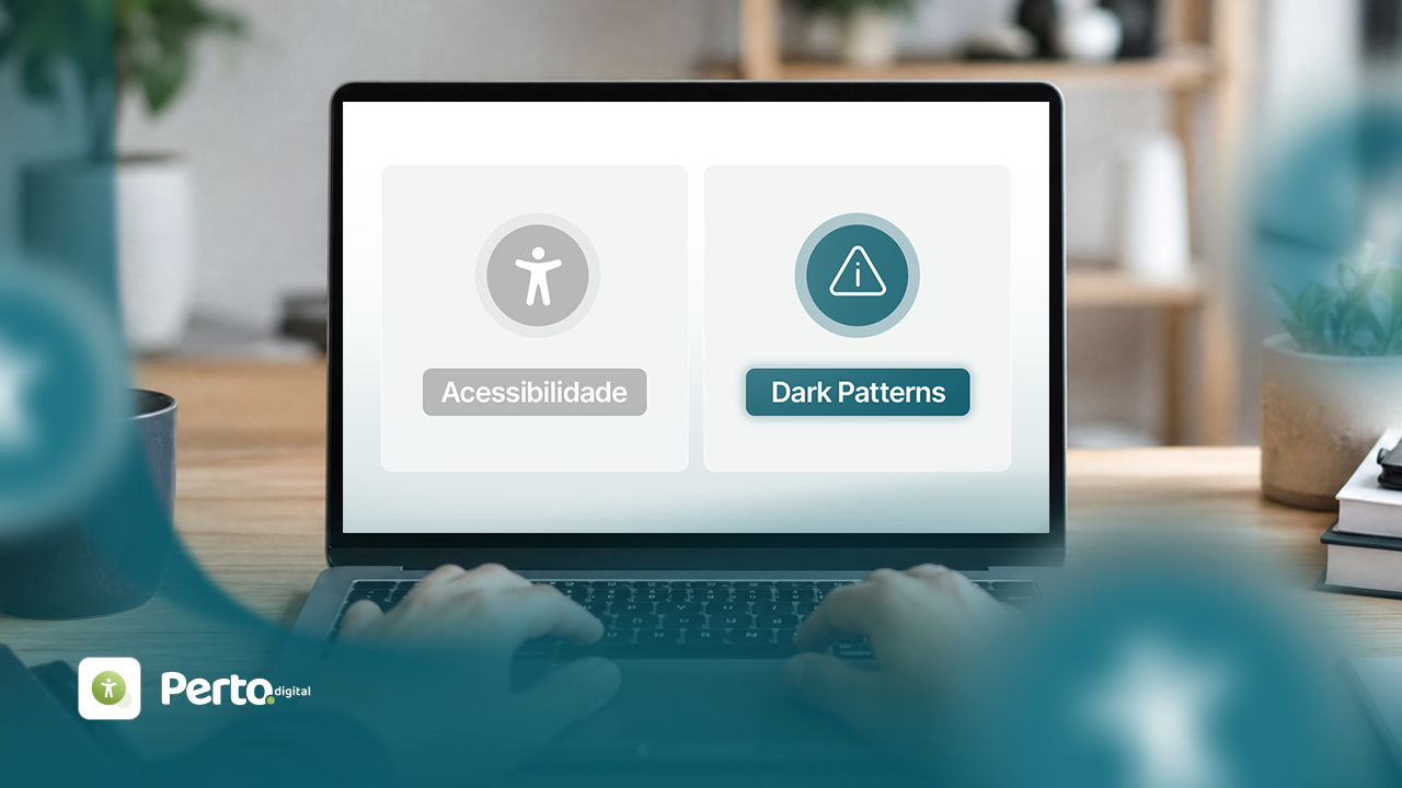 Interface de computador com temas de acessibilidade e dark patterns, no contexto de discussão sobre design digital.