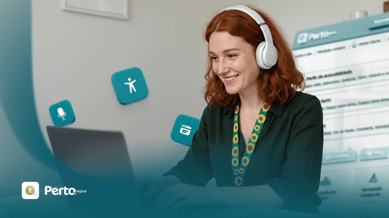Mulher sorri com fones de ouvido ao usar notebook, cercada por ícones de voz, Libras e navegação do ecossistema de acessibilidade digital da Perto Digital.