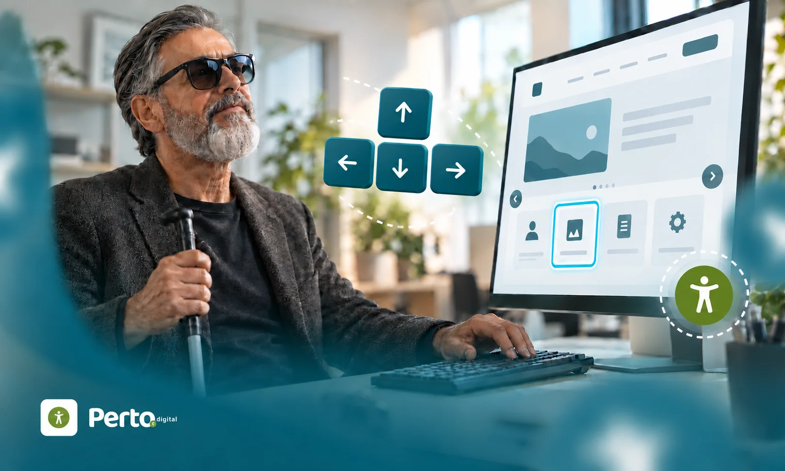 Homem com deficiência visual utiliza um computador com teclado, enquanto ícones de setas representam a navegação por teclado em um site acessível.