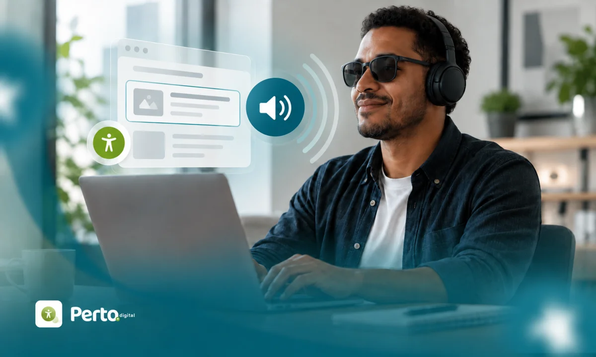 Pessoa com deficiência visual usa notebook com fones de ouvido enquanto elementos visuais representam o funcionamento de leitor de tela em um site acessível.