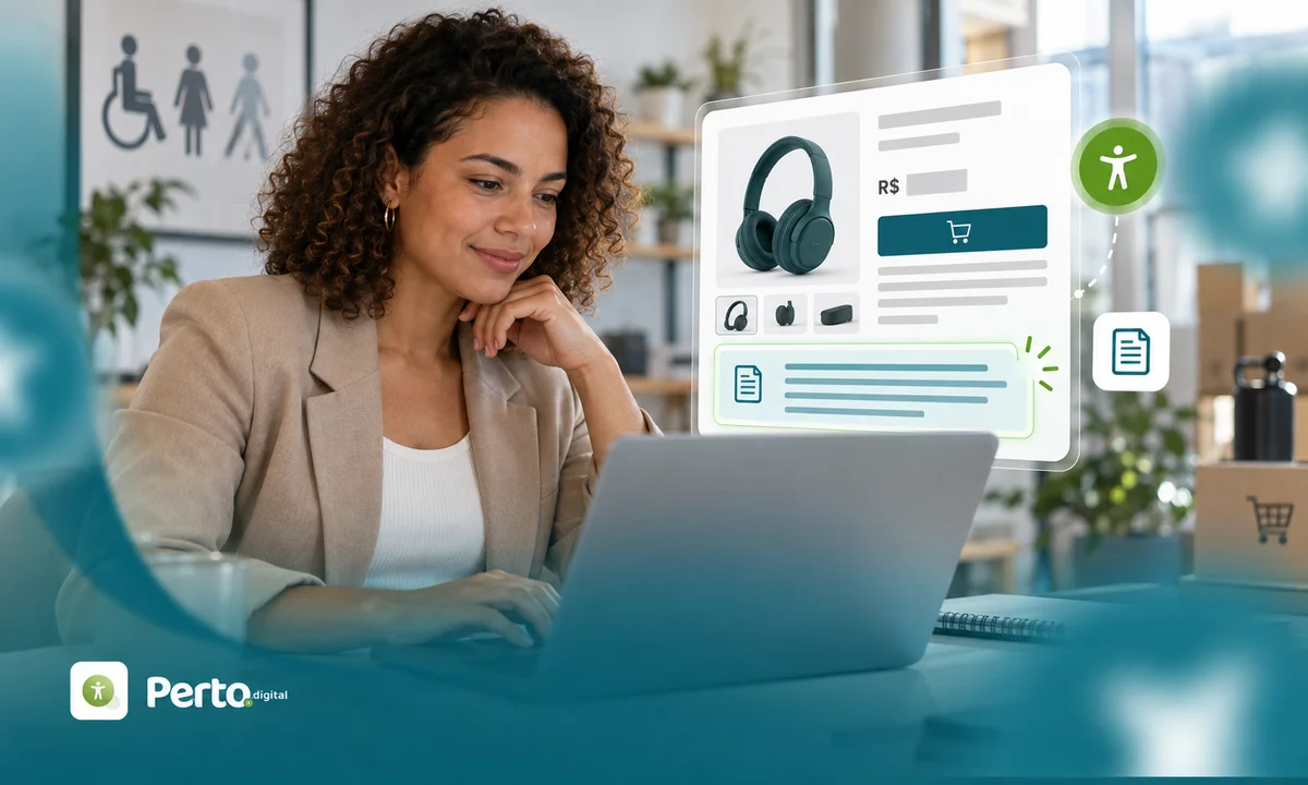 Mulher usando notebook diante de uma vitrine virtual de produto, com informações destacadas para representar descrição de produto acessível e inclusiva em um e-commerce.