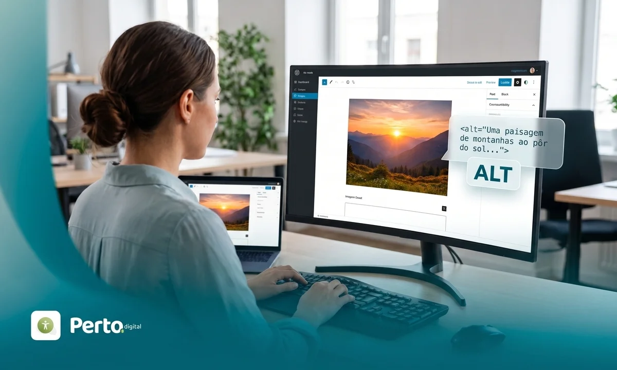 Mulher de costas trabalhando no computador, exibindo na tela uma foto de montanhas ao pôr do sol acompanhada de uma caixa com código de texto alternativo. No canto inferior esquerdo, está o logotipo da Perto Digital.