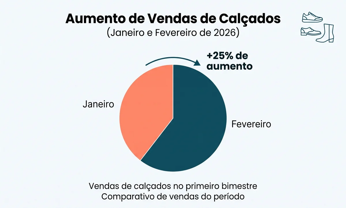 Gráfico de pizza mostrando o aumento de 25% nas vendas de calçados entre janeiro e fevereiro de 2026.