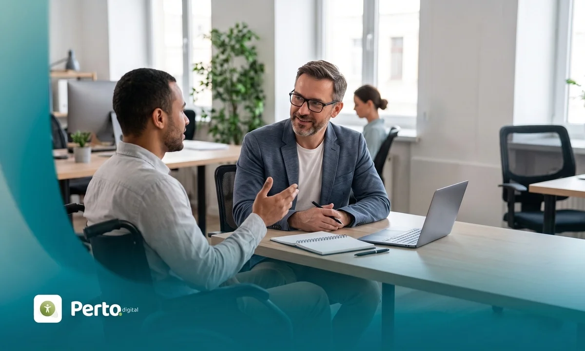 Homem em cadeira de rodas, visto de costas em perspectiva diagonal, conversa de forma descontraída com um colega de trabalho sentado à sua frente em uma mesa de escritório. No canto inferior esquerdo, está o logotipo da Perto Digital.