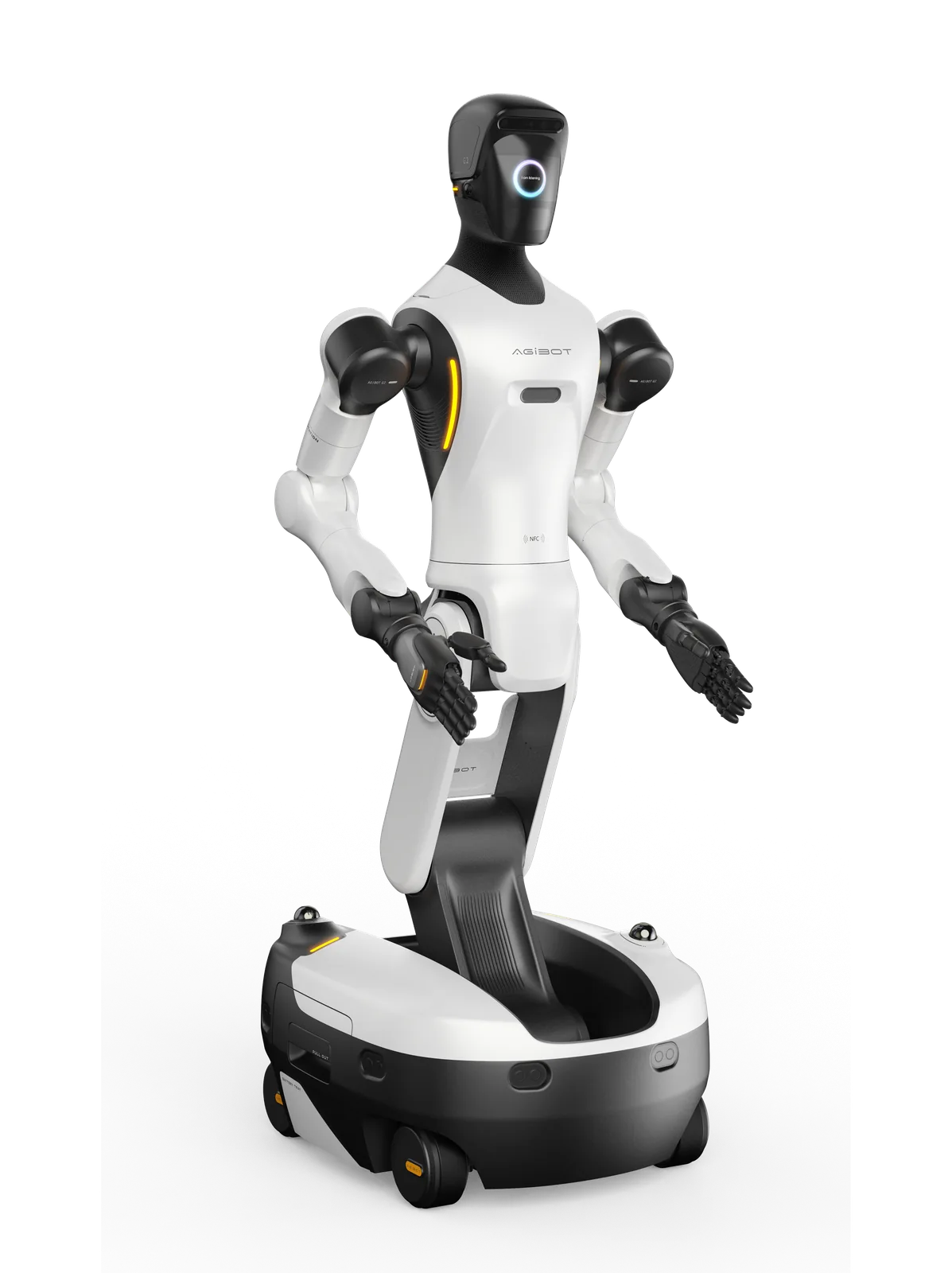 AGIBOT G2 industrial humanoid robot on a mobile base, raising one hand