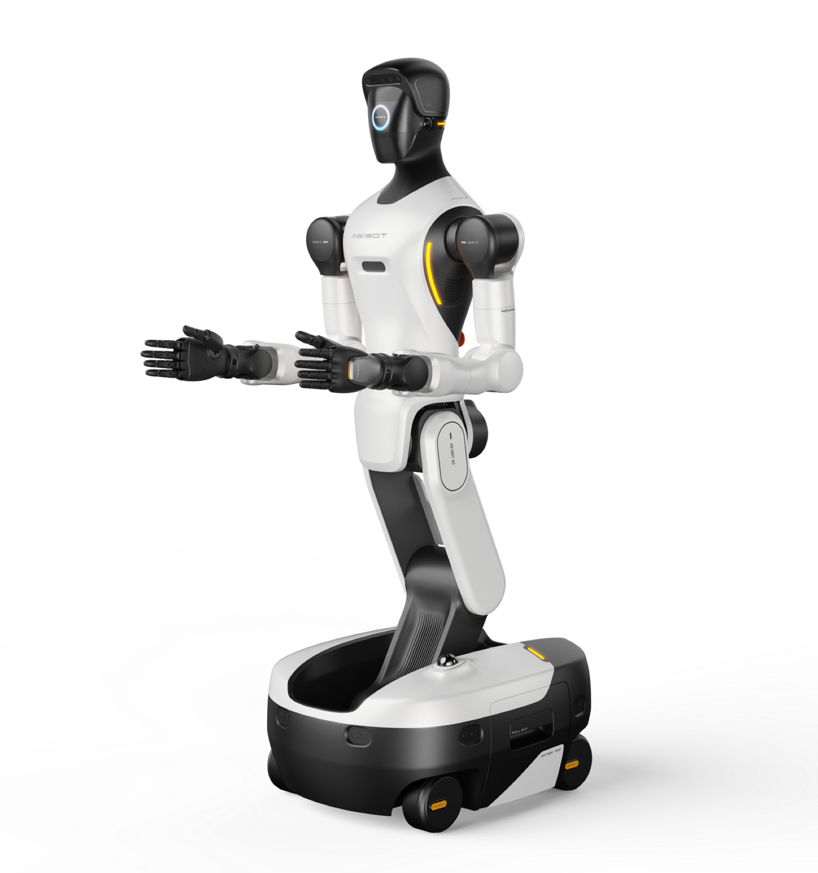 AGIBOT G2 extending both arms in a product view