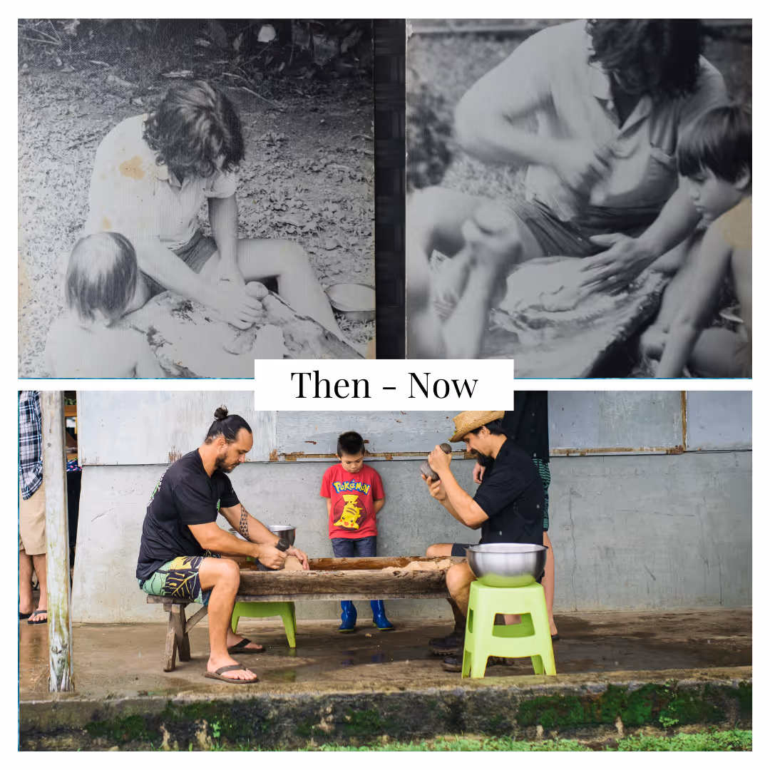 Then - Now collage with two black and white photos showing a person and child working on a craft outdoors, and a color photo of two men and a boy crafting together on a wooden bench.