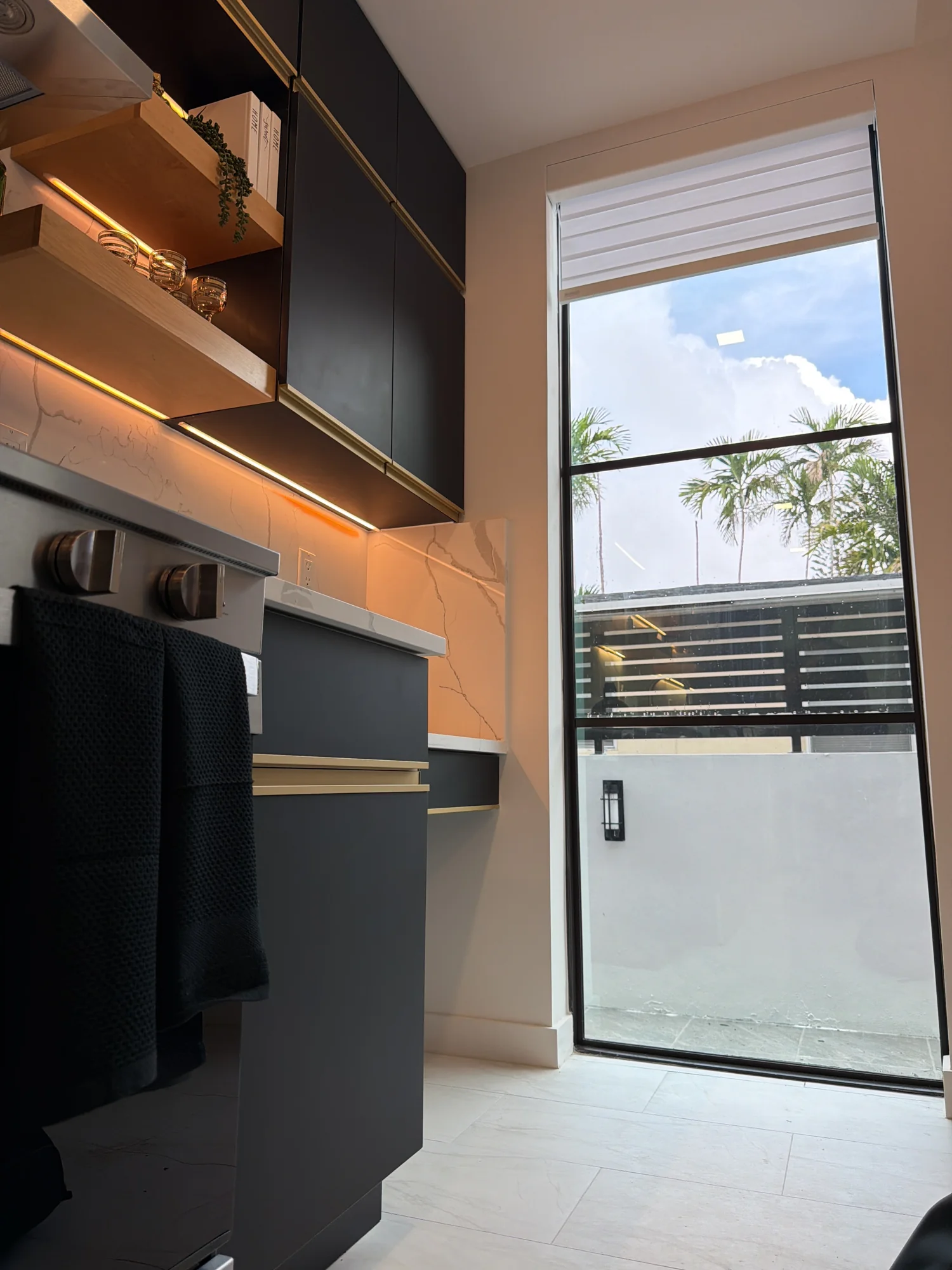 Kitchen zebra shade shown at the window opening.