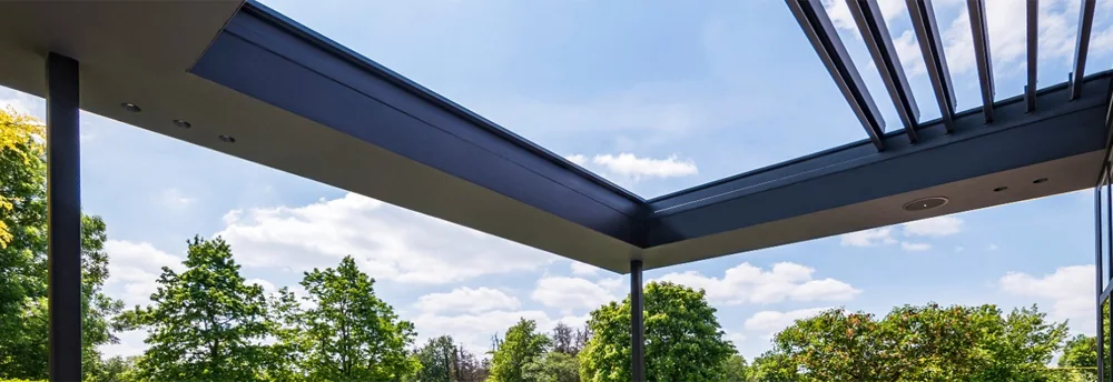 Renson Aero Skye retractable louvred roof integrated into a structure
