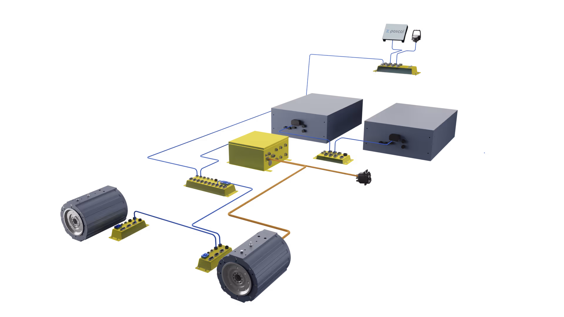 3D diagram of an electrical system with two cylindrical motors, two rectangular boxes, a yellow control unit, and a monitor labeled Pascal connected by blue and orange cables.