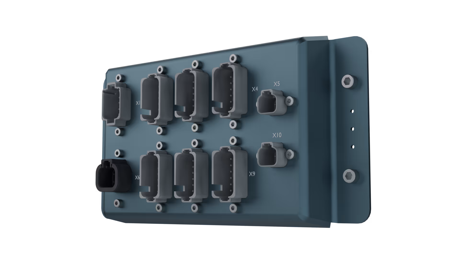 Blue electrical connection hub with ten labeled plug ports arranged in two rows.