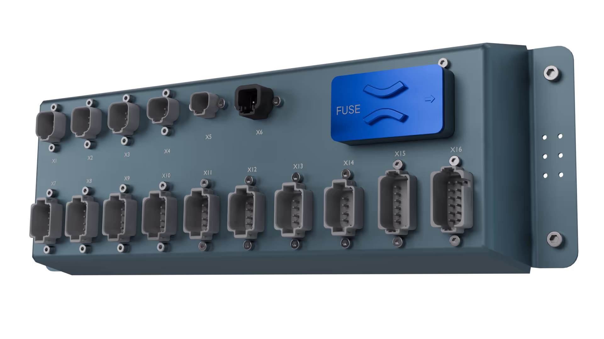 Rectangular electrical connector box with sixteen labeled gray ports and a blue fuse cover on the upper right.